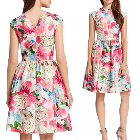 CYNTHIA STEFFE Floral Print Dress Jacquard Pink Peony Cocktail Fit & Flare 6 NWT - Picture 2 of 8